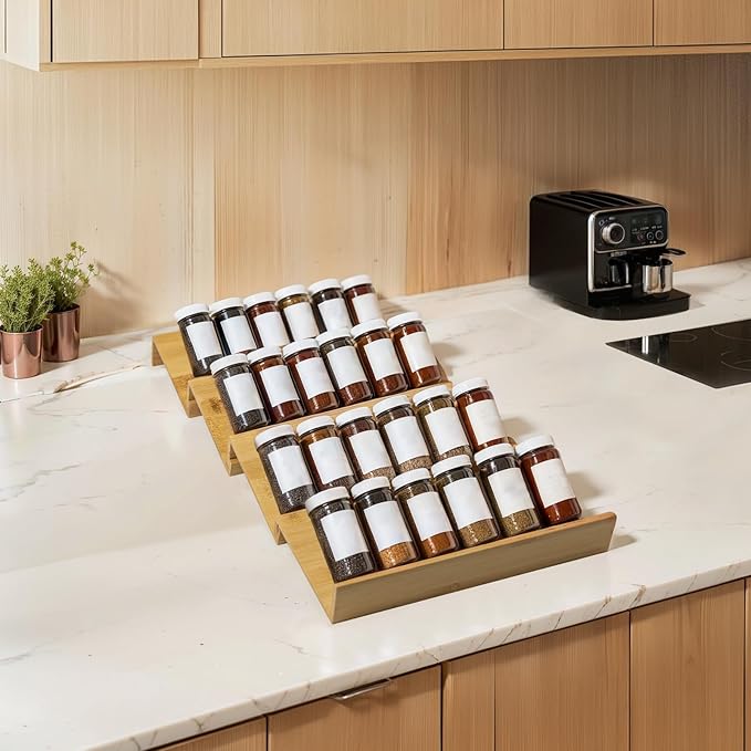 WodGod Bamboo Spice Rack For Drawer,4Pcs Tier Stackable Seasoning Storage Organizer Insert,for Kitchen Condiments Storage Insert(Jars Not Included,Combined Size:18.9" D x 9.5" W x 1.8" H