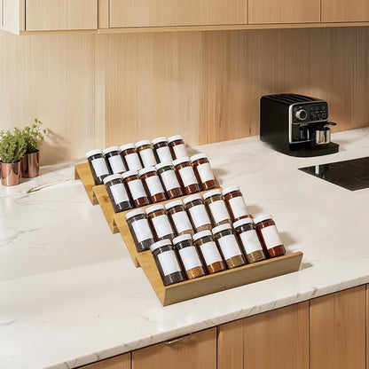 WodGod Bamboo Spice Rack For Drawer,4Pcs Tier Stackable Seasoning Storage Organizer Insert,for Kitchen Condiments Storage Insert(Jars Not Included,Combined Size:18.9" D x 9.5" W x 1.8" H