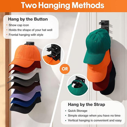 HINIHAO 2 Pack Hat Organizer for Baseball Caps, Hat Rack for Wall with Strong Adhesive, Wall Mounted Hat Hooks Hold up to 16 Hats for Closet Door and Bedroom (Black)