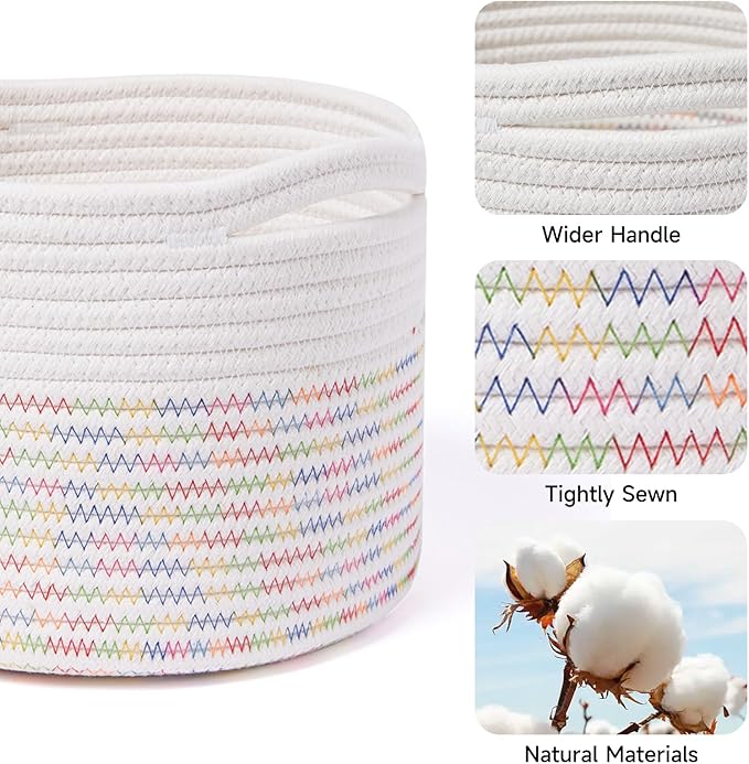 MiniArk Small Basket for Organizing | Cube Shelf Closet Storage Baskets | 9.7×9.7×7.1” | Woven Rope Gift Basket | Nursery | Round 3 Packs Rainbow