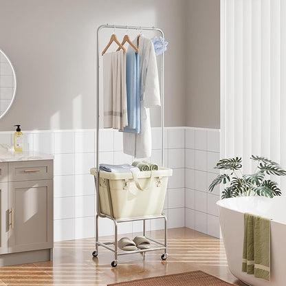 ELYKEN Laundry Cart with Hanging Rack, Rolling Laundry Hamper with Wheels, Laundry Basket with Removable Liner Bag and Shelf, Sturdy Metal Frame Dirty Clothes Basket for Hotel, Home, Closet, Dorm