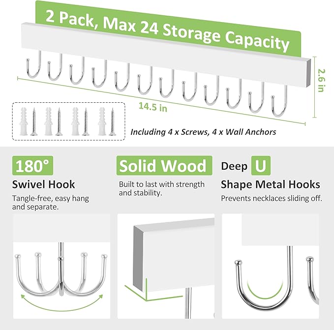 Jewelry Organizer Wall Mounted 2 Pack, Wooden Necklace Holder Wall Hanger with 24 Hooks for Hanging Necklaces and Jewelry Storage, White