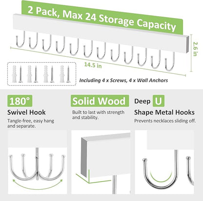 Jewelry Organizer Wall Mounted 2 Pack, Wooden Necklace Holder Wall Hanger with 24 Hooks for Hanging Necklaces and Jewelry Storage, White