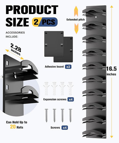 Hat Organizer for Baseball Caps 2 Pack, Hat Rack for Wall Hold up to 20 Hats with Strong Adhensive, Hats Holder Hanger Space Saving for Displlay, Cap Organizer Storage Multilayer(Black)