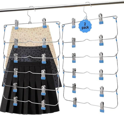 Skirt Pants Hangers with Clips,6Tier Skirt Hangers Space Saving,Metal Multi Pants Hangers and Storage Multi Clothes Shorts Hanger Organization,Space Saving Hangers with Clips (Blue, 2-Piece Set)