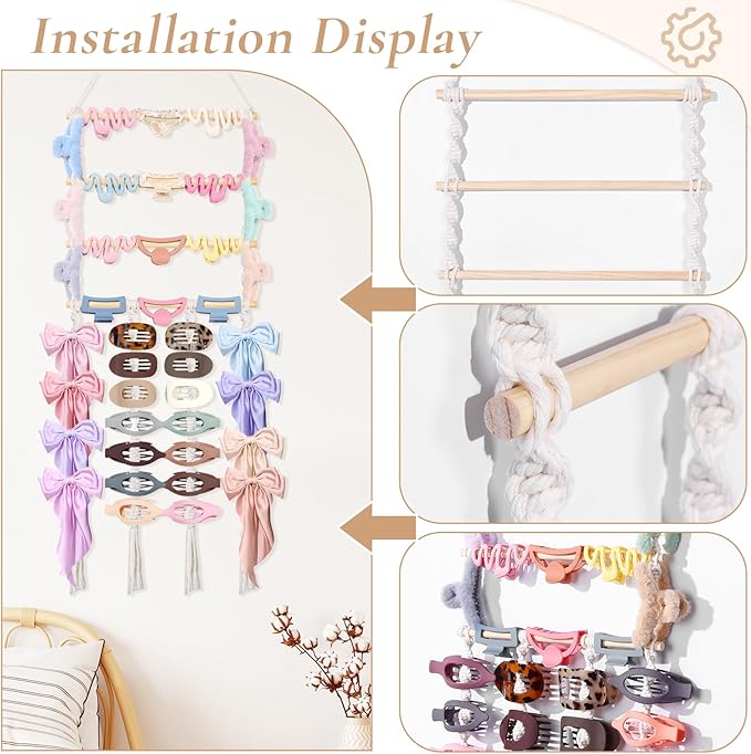 SNOWSTAR Macrame Flat Hair Claw Clip Holder Organizer,Large Capacity Hanging Hair Clip Holder and Storage for Women Girls,Flat Claw Clips Storage Hanger Home Decor for Wall,Door,Closet