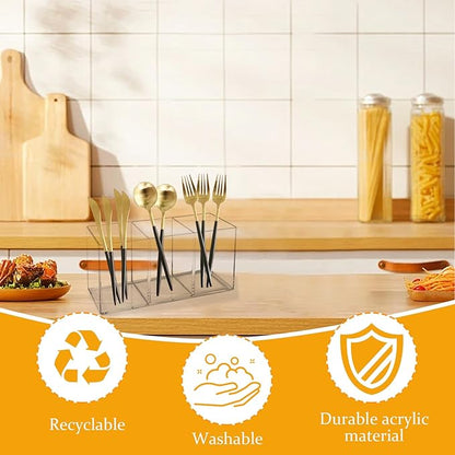 Acrylic Cutlery Organizer, 3-Sectio Clear Plastic Utensil Storage Caddy for Kitchen Countertop, Holds Forks, Knives & Spoons (1 Pcs, 7.1 x 2.6 x 3.5 in)