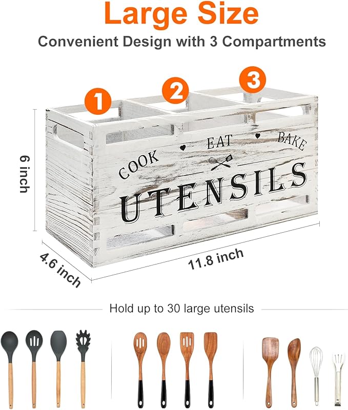 Wood Large Utensil Holder for Kitchen Counter Spatula Holder Cooking Utensils Organizer Farmhouse Utensil Caddy Rustic White Kitchen Decor Tools Gift Wooden Countertop Cutlery Caddy Spoon Holder