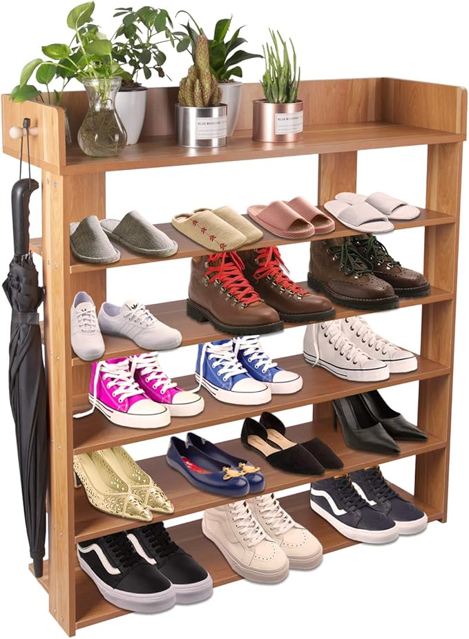 H&A 6 Tiers Wood Shoe Rack Organizer Shoe Storage Cabinet (Maple)