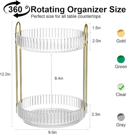 GTI 360°Rotating Makeup Organizer, 2 Tier Bathroom Counter Organizer,Large Capacity Perfume Cosmetics Skincare Vanity Organizers, Dresser Spinning Countertop Organizer and Storage for Women (Clear)