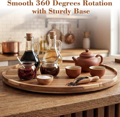 24'' Wood Lazy Susan for Countertop Acacia Large Turntable Rotating Serving Tray for Table Top Non Skid Kitchen Tray Revolving Condiment Spice Rack Table Organization Storage, Natural