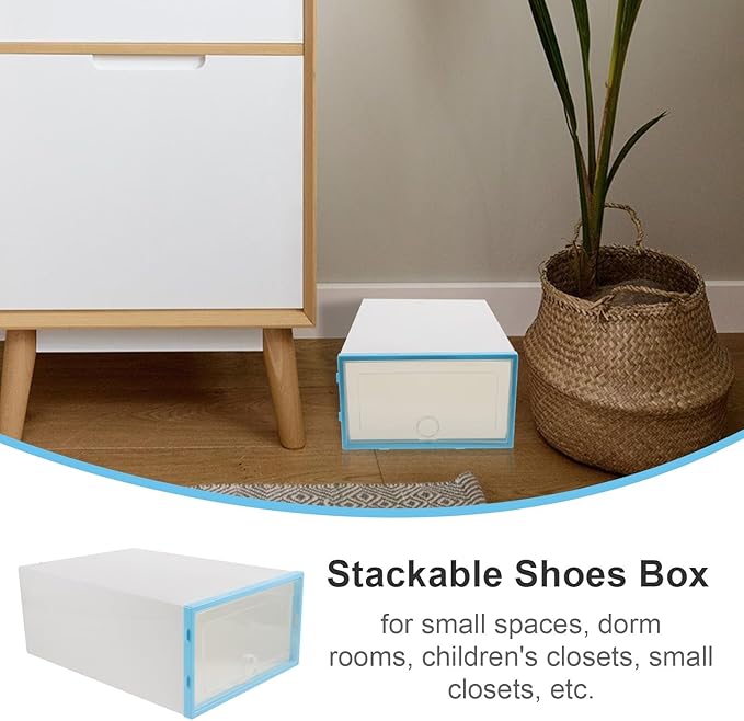 MAGICLULU 6pcs Stackable Shoe Boxes with Blue Frame Thickened Plastic Shoe Storage Containers for Women Closet Organization
