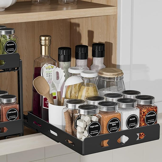 BOIVSHI Pull Out Spice Rack, Heavy Duty Spice Rack Organizer, 1 Tier Spice Organization for Cabinet, Vertical Spice Rack for Kitchen, Cabinet, Pantry (8.4''Wx10.5''Dx2.8''H, Metal Black)