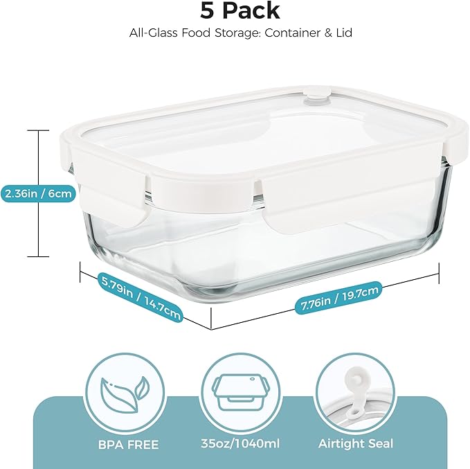 Vtopmart 5 Pack 35oz Glass Food Containers with Glass-Lids & Air Vent, Meal Prep Food Container Sets, Reusable Lunch box for leftovers, Save for Microwave, Oven, Freezer, and Dishwasher, BPA Free
