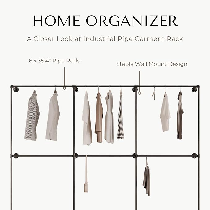 Black Industrial Pipe Clothing Rack 110" W Wall Mounted, Heavy Duty Iron Garment Rack 150 lbs per Rod, Open Closet Organizer for Bedroom Laundry Room Retail Display