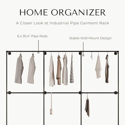 Black Industrial Pipe Clothing Rack 110" W Wall Mounted, Heavy Duty Iron Garment Rack 150 lbs per Rod, Open Closet Organizer for Bedroom Laundry Room Retail Display
