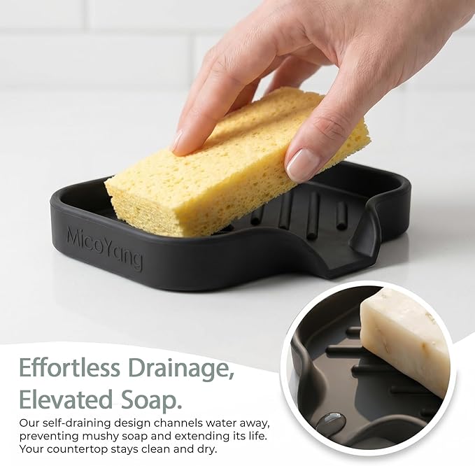 MicoYang Silicone Bathroom Soap Dishes with Drain Spout-Bathroom and Kitchen Sink Organizer,Sponge Holder,Dish Soap Tray,Perfect for Dispenser,Scrubber,Bottle,Cup on Sink or Counter-Black 4.9"×3.2"