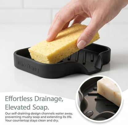MicoYang Silicone Bathroom Soap Dishes with Drain Spout-Bathroom and Kitchen Sink Organizer,Sponge Holder,Dish Soap Tray,Perfect for Dispenser,Scrubber,Bottle,Cup on Sink or Counter-Black 4.9"×3.2"