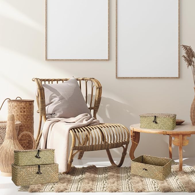 Woanger Set of 4 Wicker Baskets with Lids, Nautral Seagrass Storage Baskets, Woven Rectangular Basket Bins, Rattan Storage Organizer for Shelf Closet Bedroom(Natural Color)