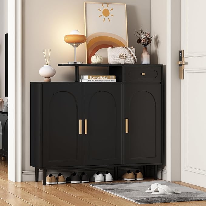 JIVOIT Shoe Cabinet with Adjustable Shelves and Drawer, Cream Style Storage Sideboard with Arched Doors, Solid Wood Legs, Wood Shoe Rack for Entryway, Living Room (Black,164)