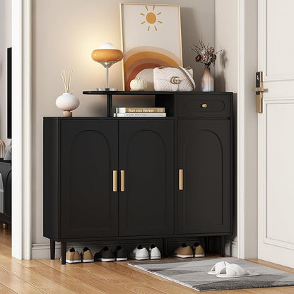 JIVOIT Shoe Cabinet with Adjustable Shelves and Drawer, Cream Style Storage Sideboard with Arched Doors, Solid Wood Legs, Wood Shoe Rack for Entryway, Living Room (Black,164)