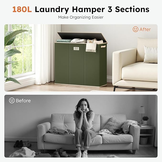 SOLEDI 180L 3-Section Laundry Hamper with Lid, Extra Large Dirty Clothes Basket with Sturdy Handles for Laundry Room & Bedroom - Durable Organizer for Sorting Laundry