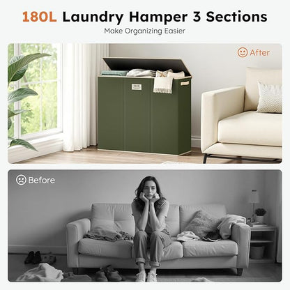 SOLEDI 180L 3-Section Laundry Hamper with Lid, Extra Large Dirty Clothes Basket with Sturdy Handles for Laundry Room & Bedroom - Durable Organizer for Sorting Laundry