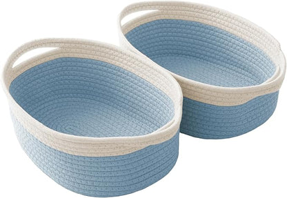 JMvicyroam Woven Basket,Small Rope Storage Bin with Handles & Ribbon Bag, Organizer for Shelves Closets,Gift Basket Empty for Birthday,Books,Dog Toys, White&Blue/2 Pack