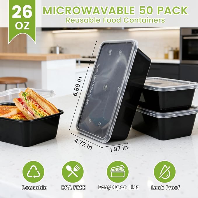 50-Pack Meal Prep Containers, 26 OZ Microwavable Reusable Food Containers with Lids for Food Prepping, Disposable Lunch Boxes, Plastic Food Boxes- Stackable, Freezer Dishwasher Healthy