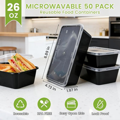 50-Pack Meal Prep Containers, 26 OZ Microwavable Reusable Food Containers with Lids for Food Prepping, Disposable Lunch Boxes, Plastic Food Boxes- Stackable, Freezer Dishwasher Healthy