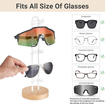 Mkono Sunglasses Organizer Glasses Holder Stand Sunglass Storage Eyeglasses Rack Metal Frame with Wood Base for 5 Pairs of Eyewear Display for Table Desk Countertop Dresser Bedroom (1, Wood)