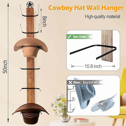 Cowboy Hat Holder Rack Organizer: 6 Hats Cowboy Hat Holder for Wall Mount, Detachable Wooden Western Metal Rustic Hat Hanger Storage, Hat Rack for Cowgirl Hat, Fedora, Sun Hats