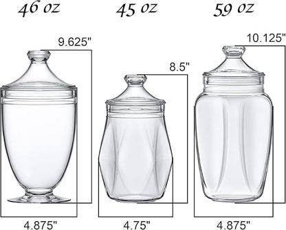 Amazing Abby - Enchant - Plastic Apothecary Jars (3-Piece Set, 46/45/59 oz), Acrylic Jars with Lids, Bathroom Canisters, Candy Buffet, Wedding Display, BPA-Free and Shatter-Proof (NOT Glass)