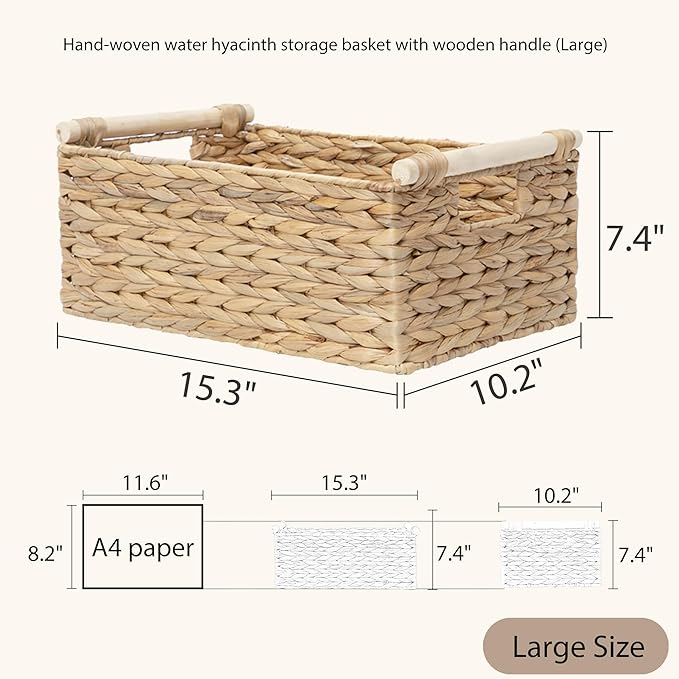 Water Hyacinth Wicker Storage Basket, Rectangular Handwoven Shelf Organizer with Wooden Handles for Pantry & Closet (Large)