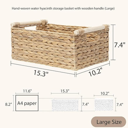 Water Hyacinth Wicker Storage Basket, Rectangular Handwoven Shelf Organizer with Wooden Handles for Pantry & Closet (Large)