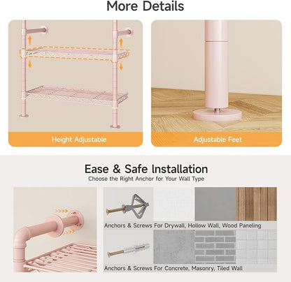 ONBRILL L4 Wall Mounted Industrial Pipe Clothing Rack, Closet Organizer System with 6 Hanging Clothes Rods ( 4 Expandable Rods) & 8 Shelves, Heavy Duty Corner Garment Rack, Large Wardrobe - Pink