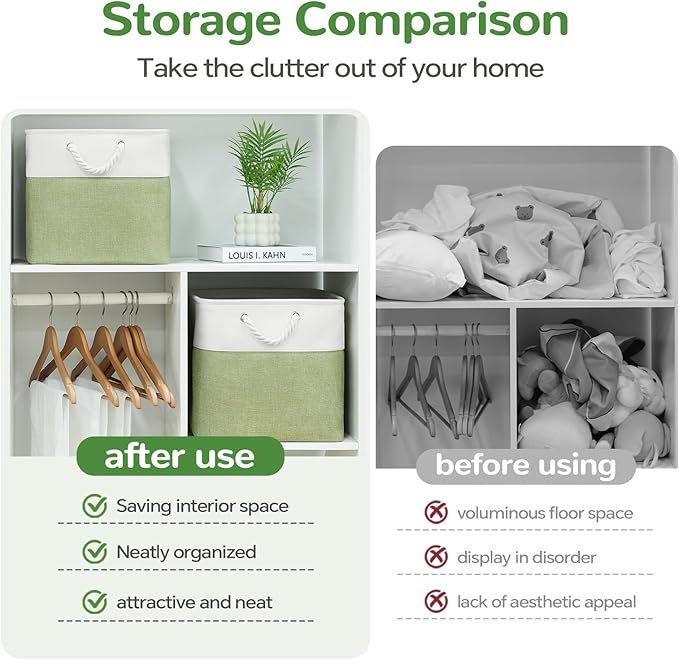 13 x 13 Inch Cube Storage Bins, 6 Pack Fabric Storage Basket with Handles, Foldable Boxes Organizer for Shelf Baskets for Home, Clothes (White/Green)
