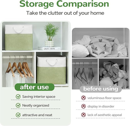 13 x 13 Inch Cube Storage Bins, 6 Pack Fabric Storage Basket with Handles, Foldable Boxes Organizer for Shelf Baskets for Home, Clothes (White/Green)