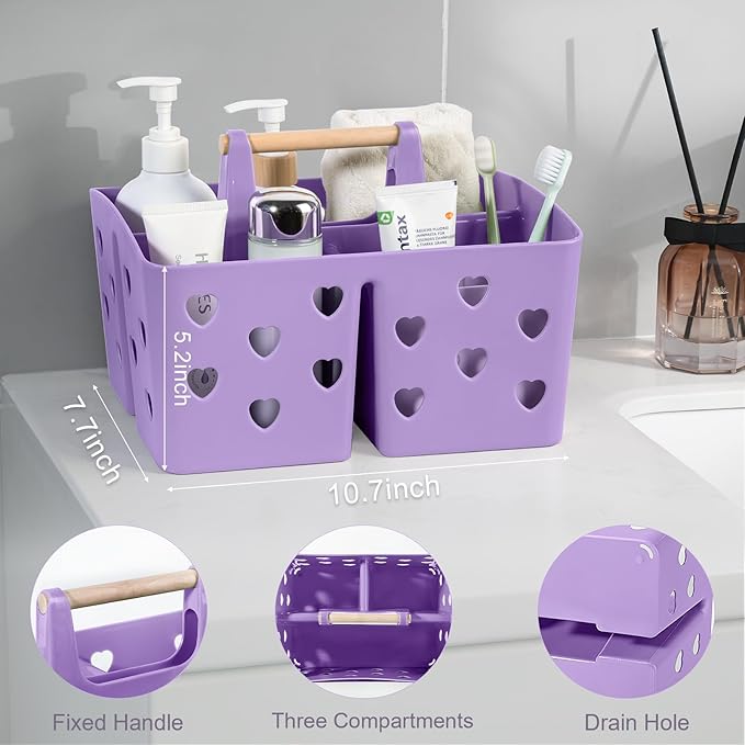 Anyoifax Portable Shower Caddy Plastic Shower Basket Organizer Divided Bathroom Caddy Storage Cleanning Caddy Tote with Handle for College, Dorm Room, Kitchen, Purple