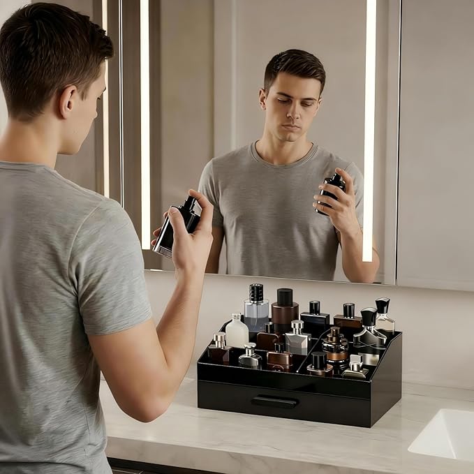 ProCase Cologne Organizer with Drawer, Acrylic Perfume Holder & Bathroom Countertop Organizer for Men & Women, Dresser Vanity Storage for Cologne, Perfume and Skincare -1 Layer