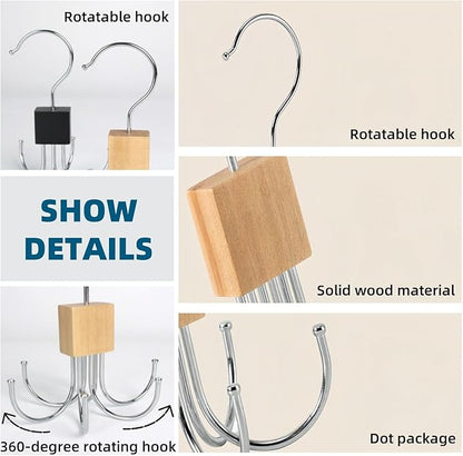 2Pcs Belt Hanger with Wood, 360° Rotatable Belt Organizer | Hold Up to 24 Belts – Hanging Holder Storage Hook for Belt, Bra, Tie, Scarf, Purse & Tank Tops