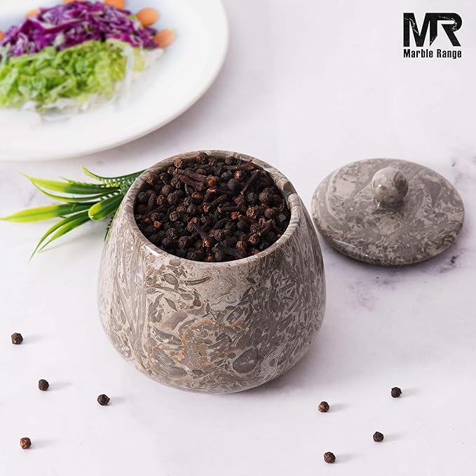 Oceanic Marble Salt Cellar with Lid – 4.5 Inch Table Salt Container, Salt Jar, Salt Dish, Salt Holder, Spice Jar, Sugar Bowl, Celtic Salt, Kitchen Countertop Decor