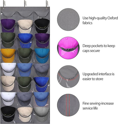 Dofilachy Hat Rack - Hat Organizer - Hat Racks for Baseball Caps, Visible Hat Holder - Baseball Cap Rack for Wall Door with 3 Hooks, 24 Deep Pockets (Dark grey, 1 pack)