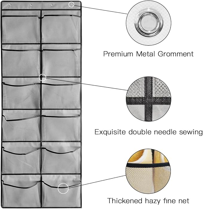 1 Pack 12 Breathable Mesh Pockets Large Hanging Shoe Organizer Over The Door Shoe Rack for Closet Door Storage Shoe Holder Hanger, 4Hooks, Grey (59'' x 21.6'')