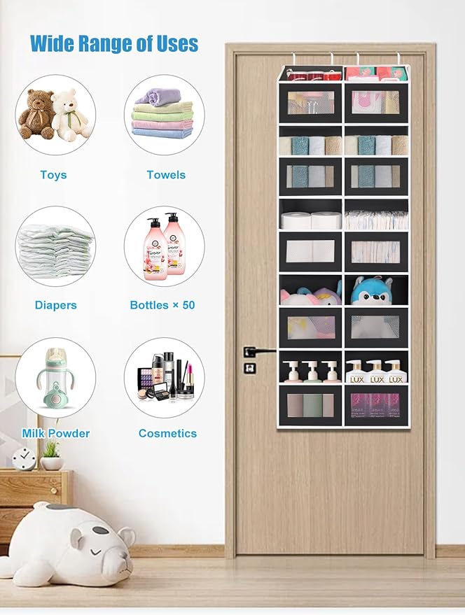Over the Door Organizer Hanging- 10 Compartments, 80 lbs Load Behind Door Stuffed Animal Storage, Extra Large Toys Storage Organization for Bedroom, Bathroom, Nursery, Shoes, Diaper (black)