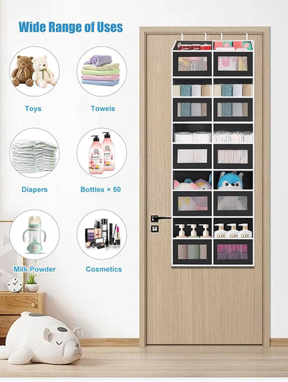 Over the Door Organizer Hanging- 10 Compartments, 80 lbs Load Behind Door Stuffed Animal Storage, Extra Large Toys Storage Organization for Bedroom, Bathroom, Nursery, Shoes, Diaper (black)