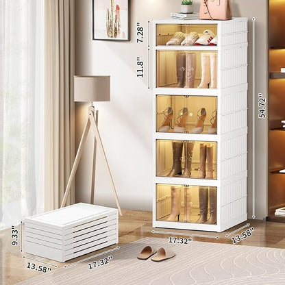CIMLORD 5-Tier Foldable Shoe Rack Organizer for Closet 10Pairs Plastic Collapsible Shoes Storage Box Clear Shoe Boxes Stackable with Door Easy Assembly Shoe Cabinet Bins with Lids Large
