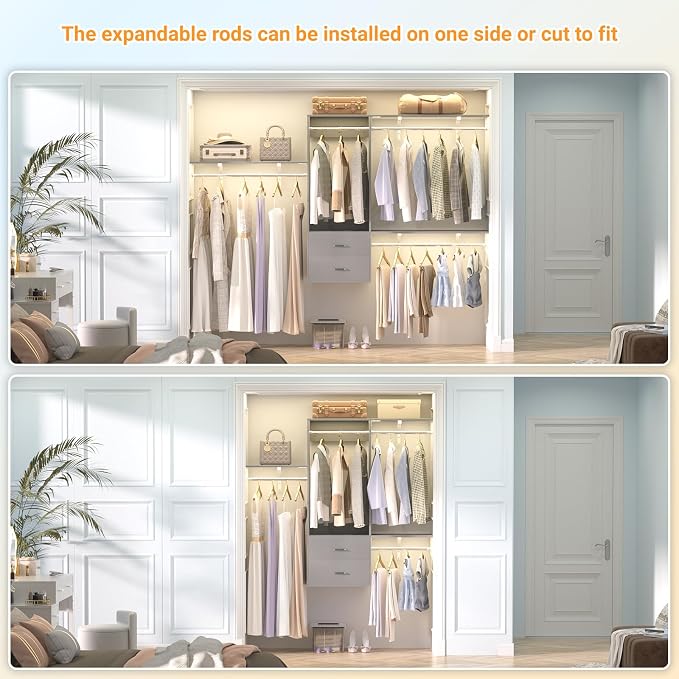 96 Hanging Closet System with 2 Wooden Drawers, 75"–87" Height Adjustable Closet Organizer System with Tower, 4-8FT Custom Closet Shelving System, Wall-Mounted Walk-In Closets Wardrobe, Grey