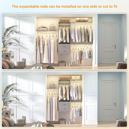 96 Hanging Closet System with 2 Wooden Drawers, 75"–87" Height Adjustable Closet Organizer System with Tower, 4-8FT Custom Closet Shelving System, Wall-Mounted Walk-In Closets Wardrobe, Grey