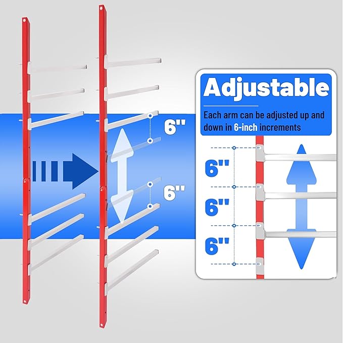 6 Place Wall Mount Bumper Rack Stand, Auto Body Bumper Storage Rack, Load 200LBS/Pair Arms, Adjustable Arms for More Scenarios, Such as Body Repair Parts Storage, Wood Lumber Storage - Red